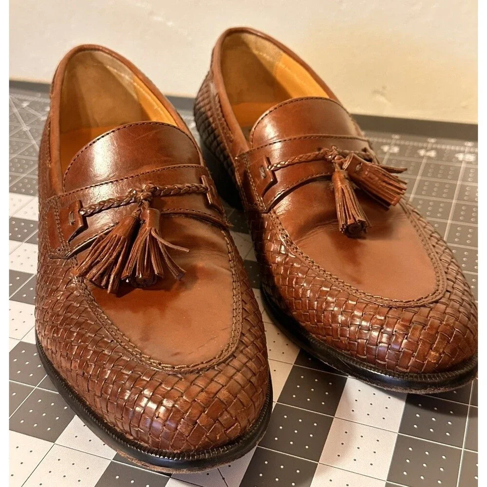 8 M Woven Leather Tassel Loafers J&M Johnston Murphy Dress Shoes Cognac Brown